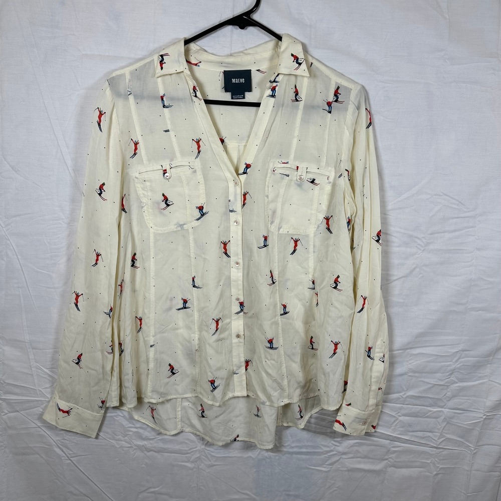 Maeve Anthropologie Skier Print Button Down Blouse Ivory Rayon Long Sleeve Sz 4 - Picture 2 of 8